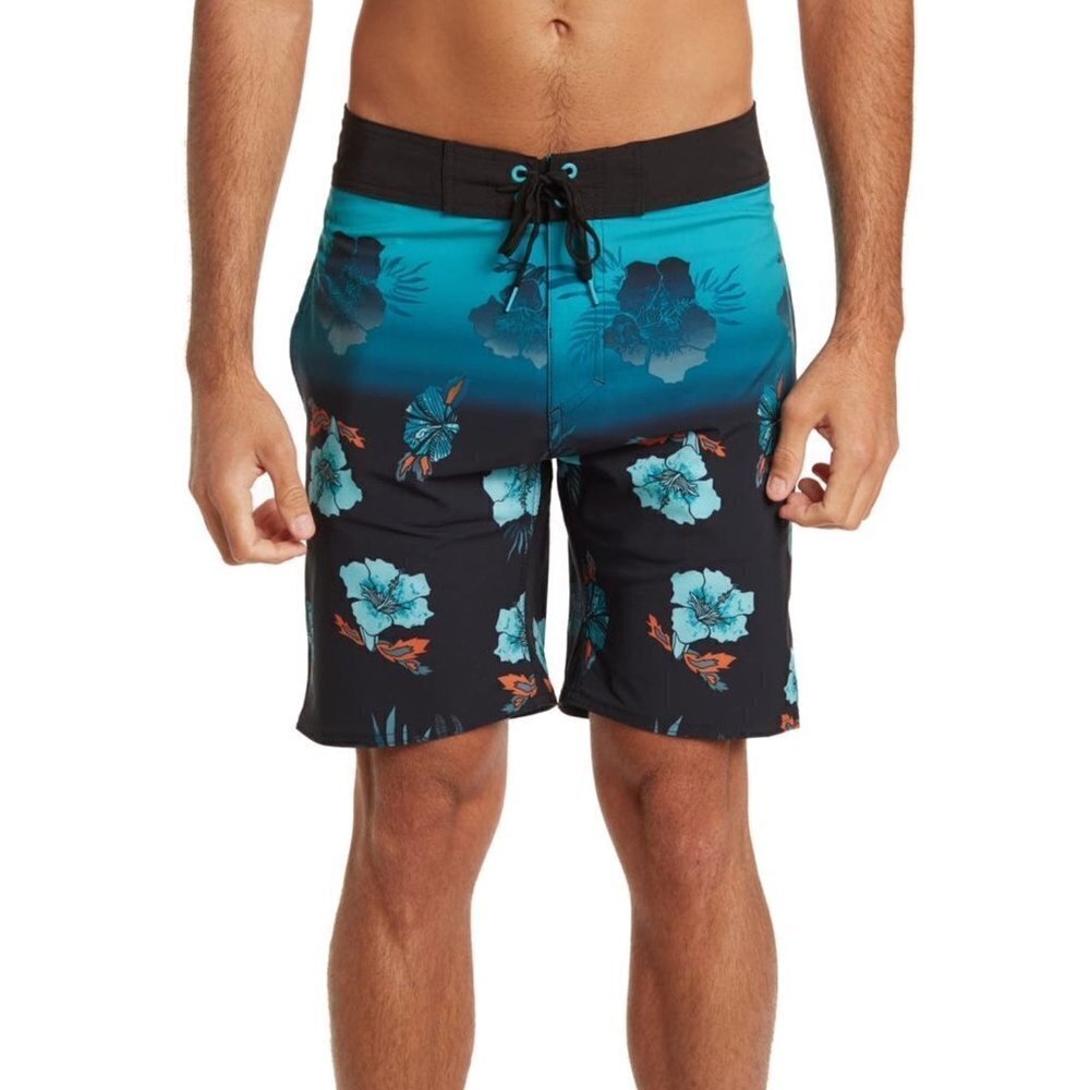 Burnside Mens Blue Tropical Pockets Long Board Shorts Swimwear Sz 32 New